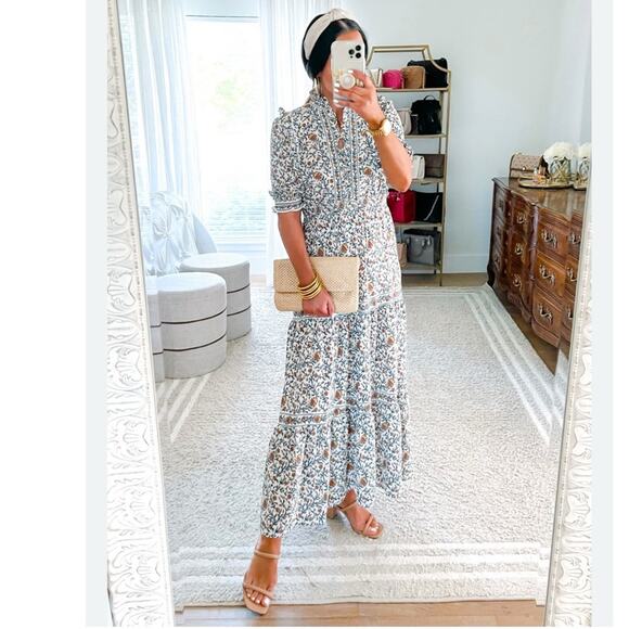 MAX STUDIO Tiered Floral Midi Dress Cream Multi Ruffled Boho - Picture 2 of 14